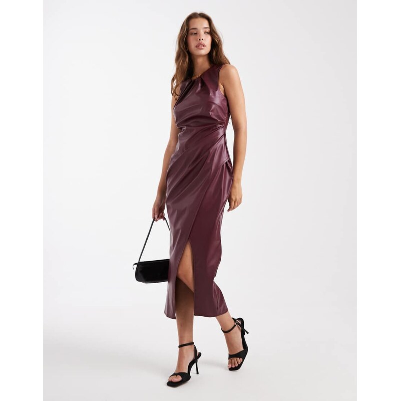 New Look PU ruched wrap midi dress in burgundy-Red