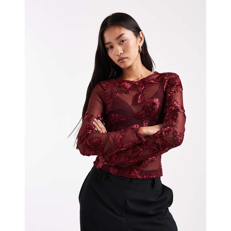 ASOS DESIGN mesh embroidered floral long sleeve top in burgundy