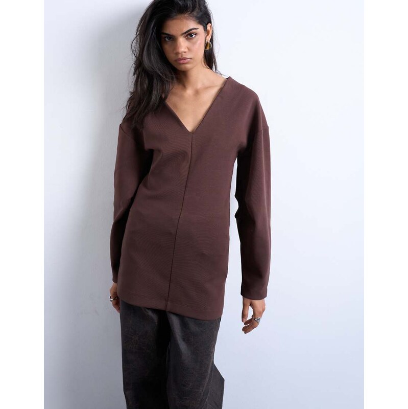 Topshop interlock v-neck banana sleeve tunic top in chocolate-Brown 108442685