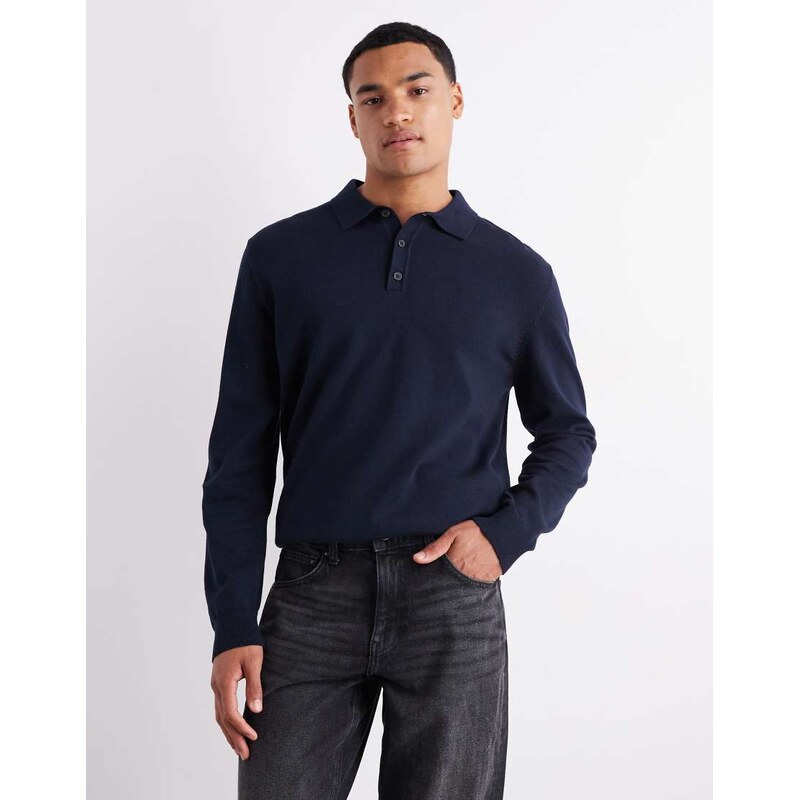 ASOS DESIGN relaxed long sleeve knitted polo in navy