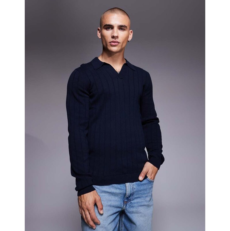ASOS DESIGN muscle fit long sleeve knitted rib notch neck polo in navy