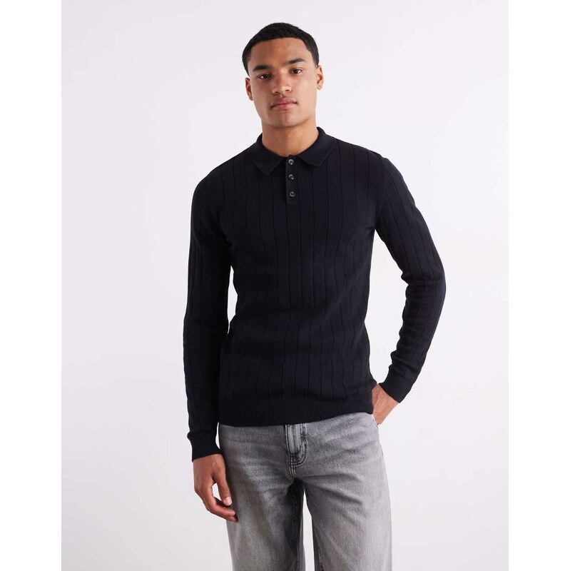 ASOS DESIGN muscle fit long sleeve knitted rib polo in black