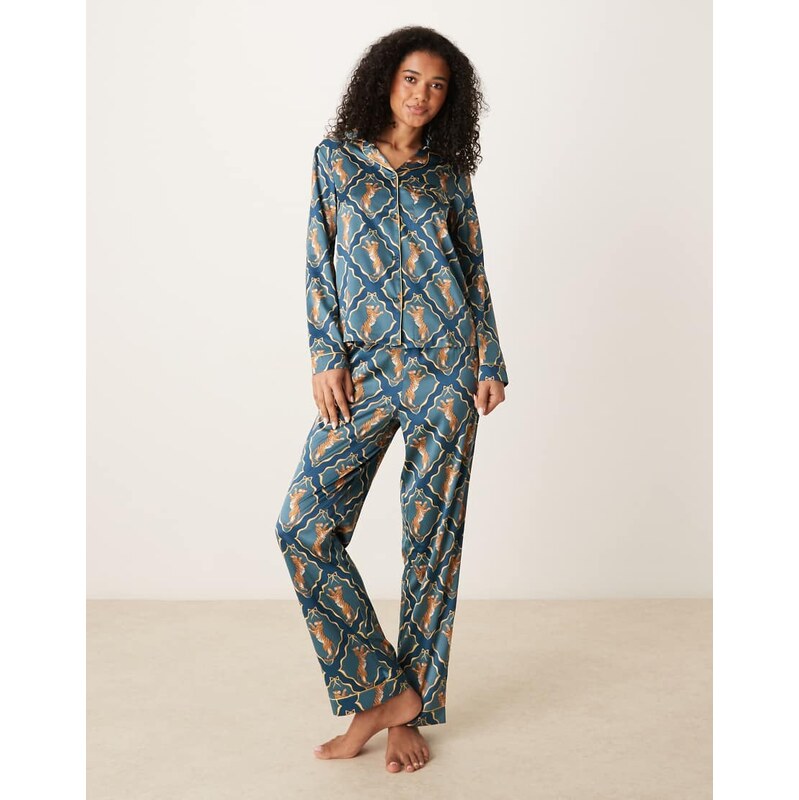 Chelsea Peers satin long sleeve revere pyjama set in dancing tiger 110976703