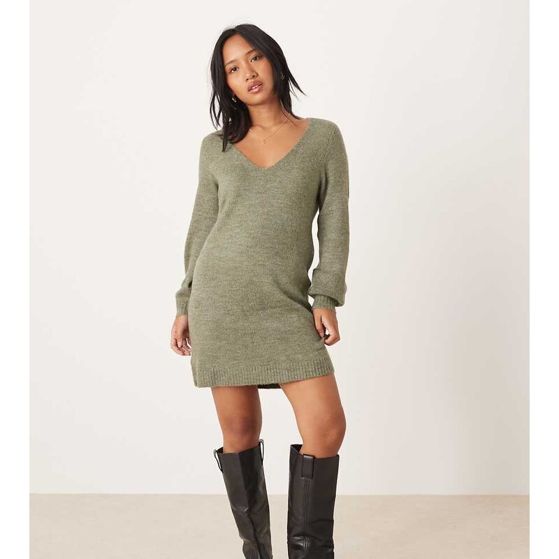 JDY Petite v-neck knitted mini dress in dark green