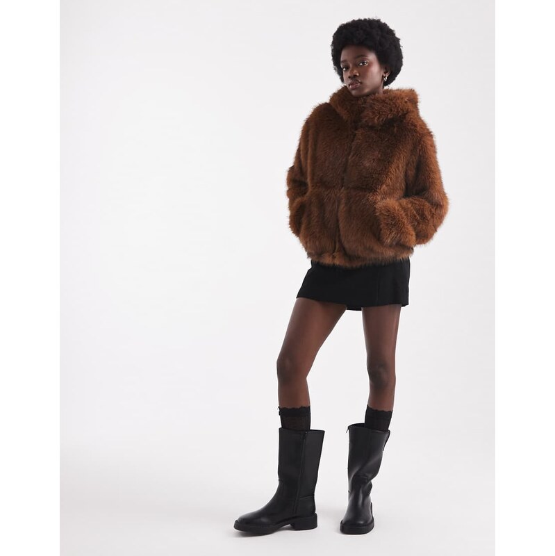 ASOS DESIGN hooded faux fur bomber coat in ginger tip-Brown 108445341