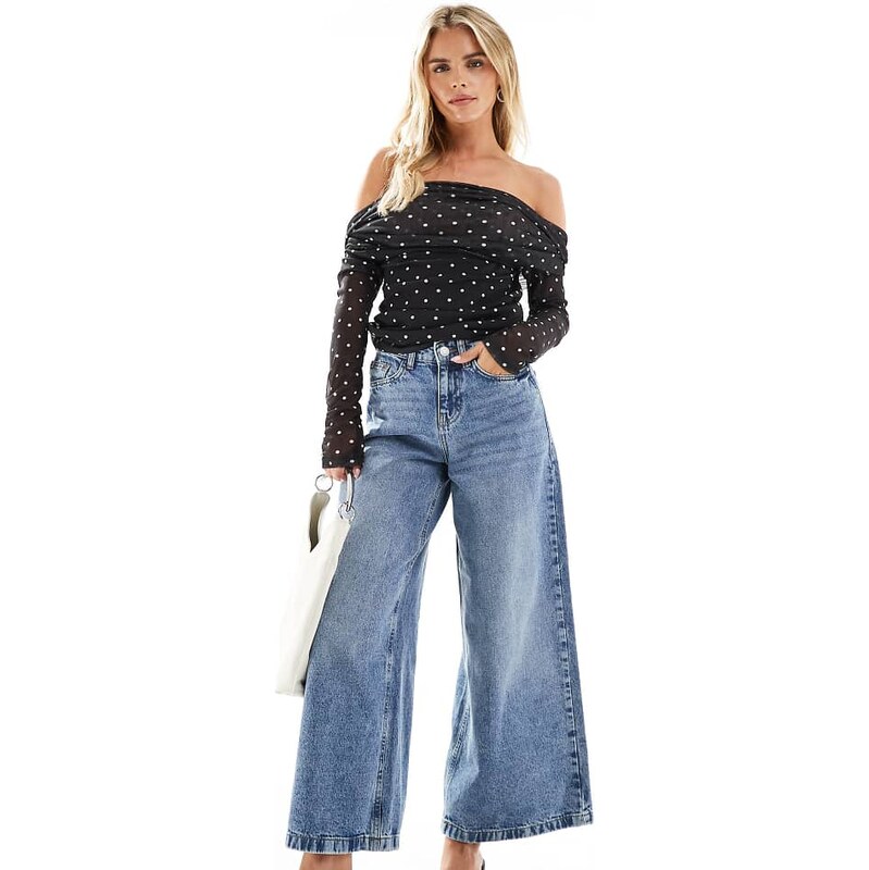 Noisy May Petite wide leg loose fit jeans in light wash blue