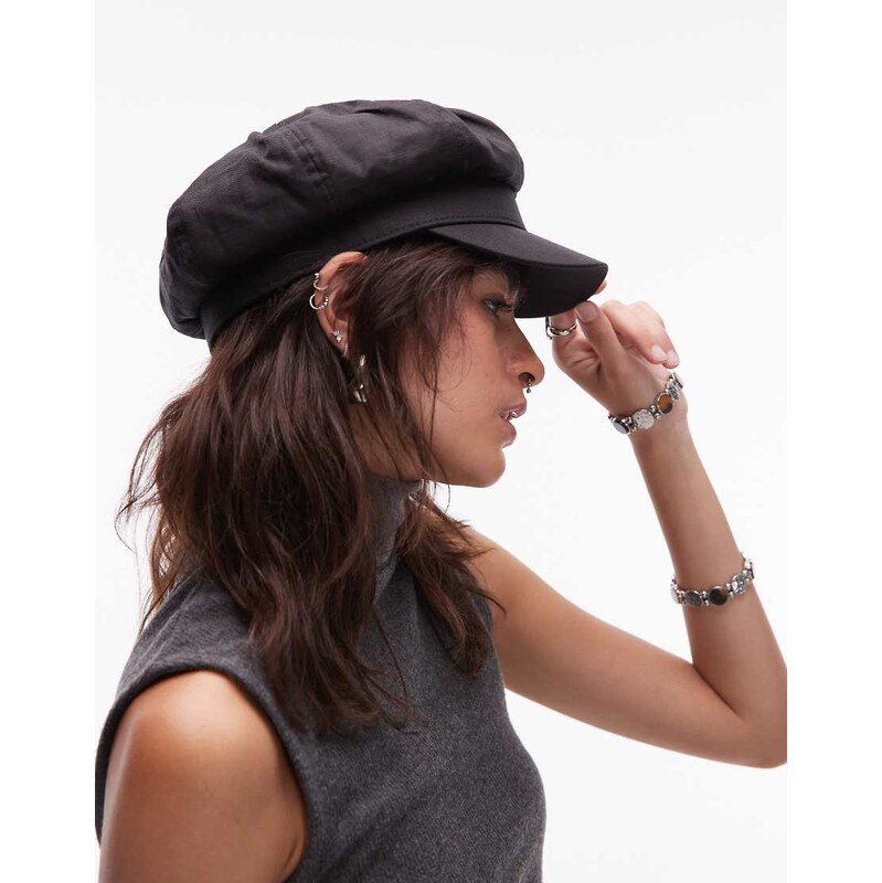 ASOS DESIGN baker boy hat in black with adjustable size tie