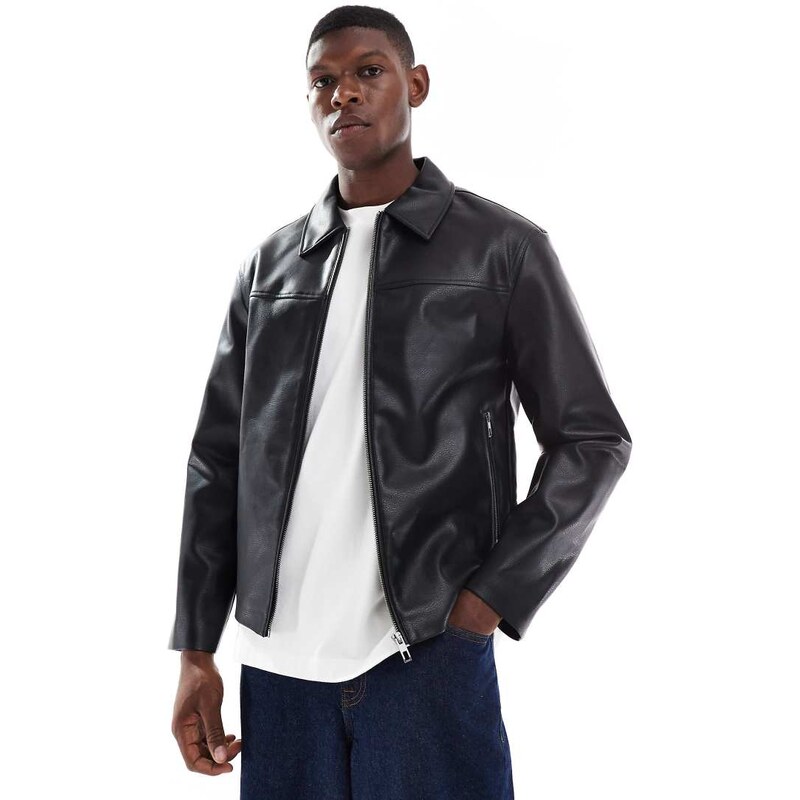 ONLY & SONS faux leather harrington jacket in black