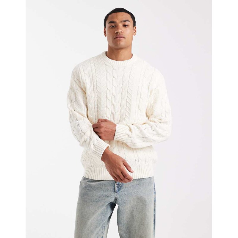 ONLY & SONS relaxed cable knit jumper in cream-White