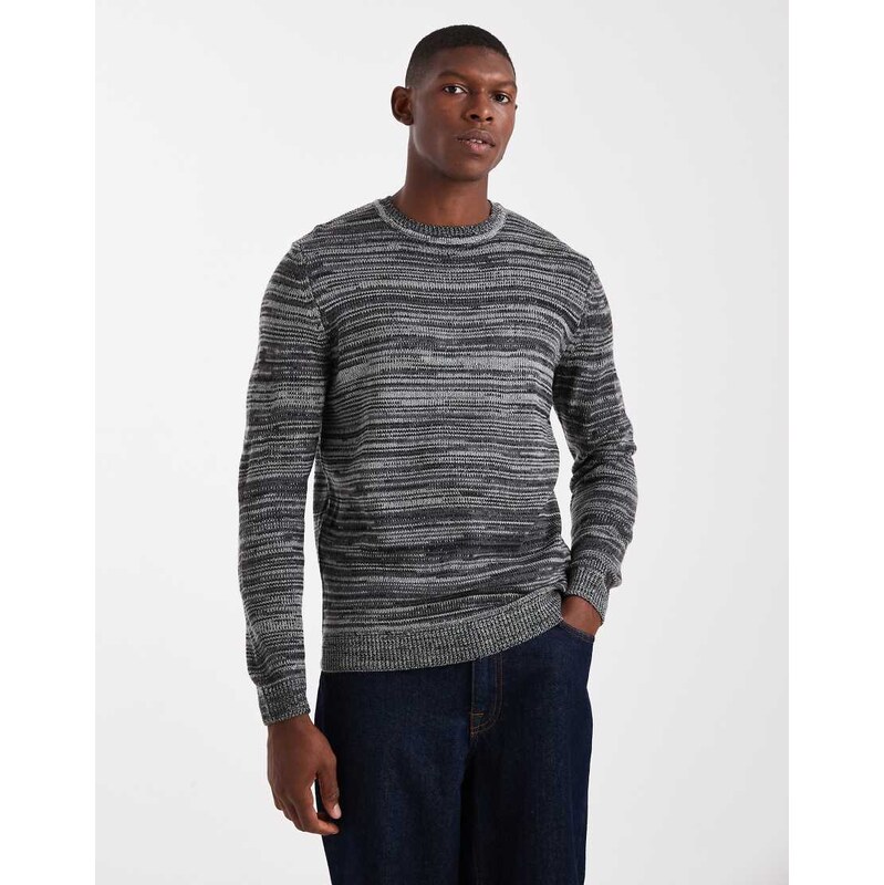 ONLY & SONS crew neck knit jumper in charcoal marl stripe-Grey