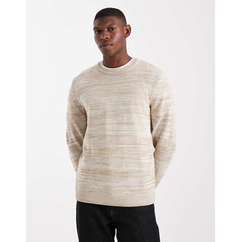 ONLY & SONS crew neck knit jumper in stone marl stripe-White