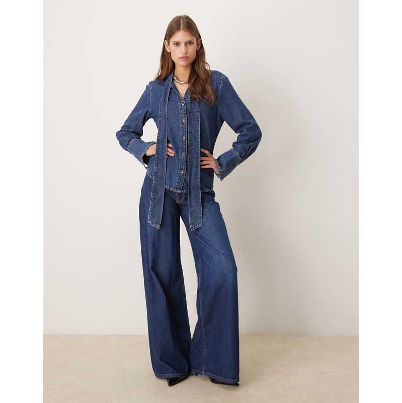 Mango Msngo 100% cotton denim shirt with tie neck in blue 108445486