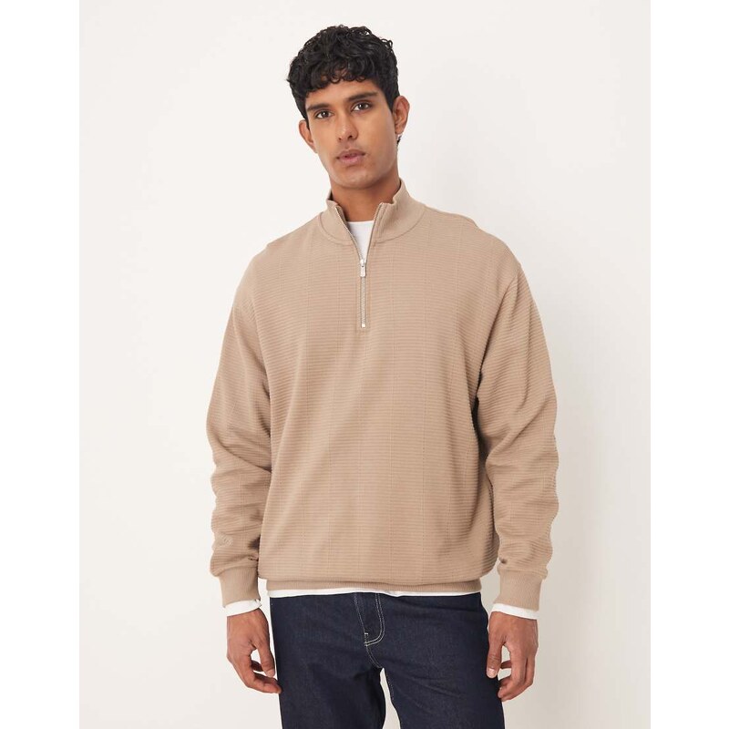 ASOS DESIGN relaxed quarter zip sweatshirt in beige-Neutral