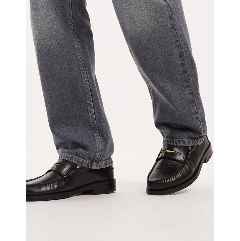 Walk London Dalston Penny loafer in black embossed leather