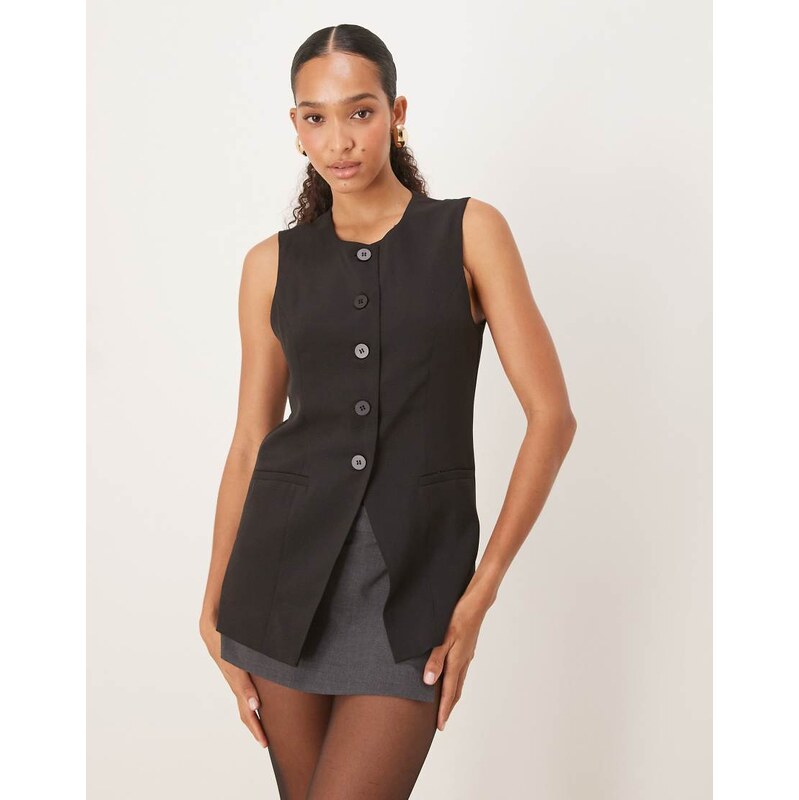 JDY longline button through waistcoat in black 109437754