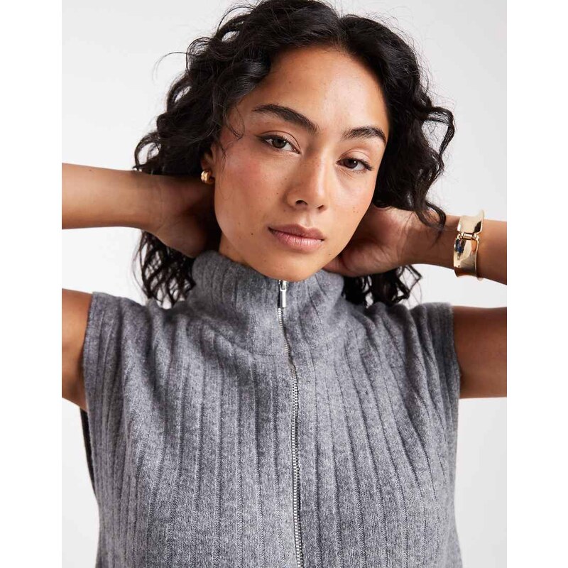 ONLY half zip sleeveless knitted vest in grey