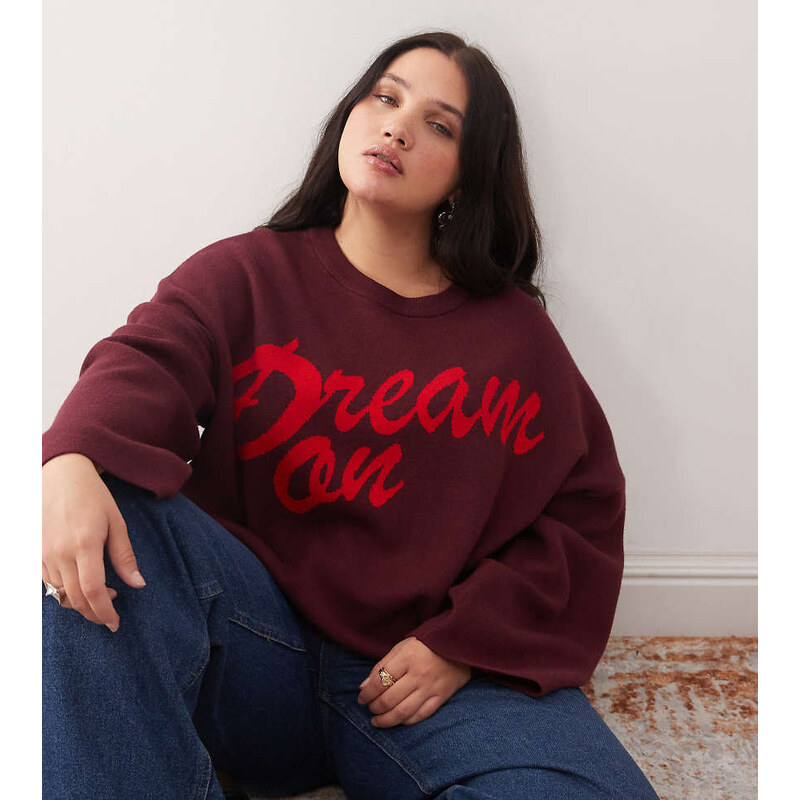 Noisy May Curve crew neck boxy knit in burgundy with red 108445596