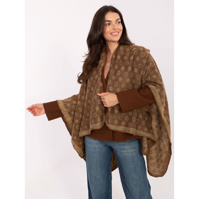 BASIC Hnědé dámské pončo s potiskem -camel Hnědá