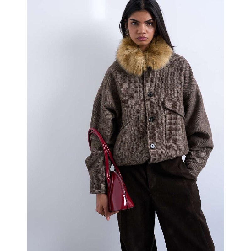 Topshop twill bomber with faux fur collar with wool in brown