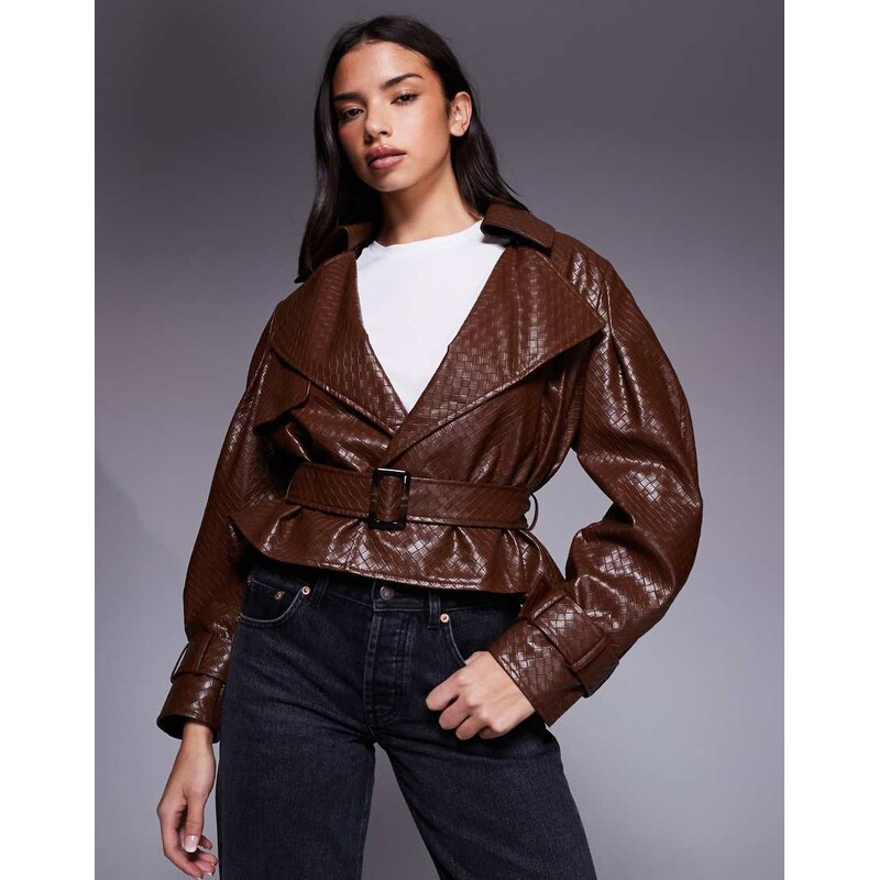 River Island faux leather woven belted crop trench in light brown 108565838