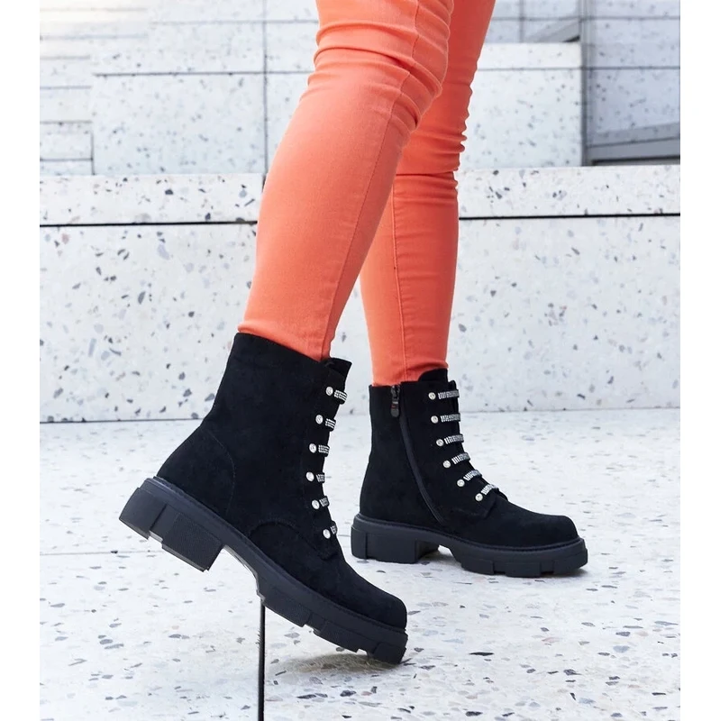 Gemre Black ankle boots with rhinestones, insulated eco-suede Sfaranda 108450475
