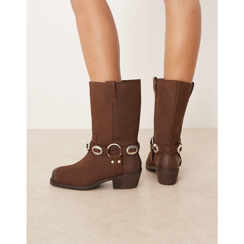 ASOS DESIGN Chase leather boho harness knee boot in chocolate nubuck 107996956