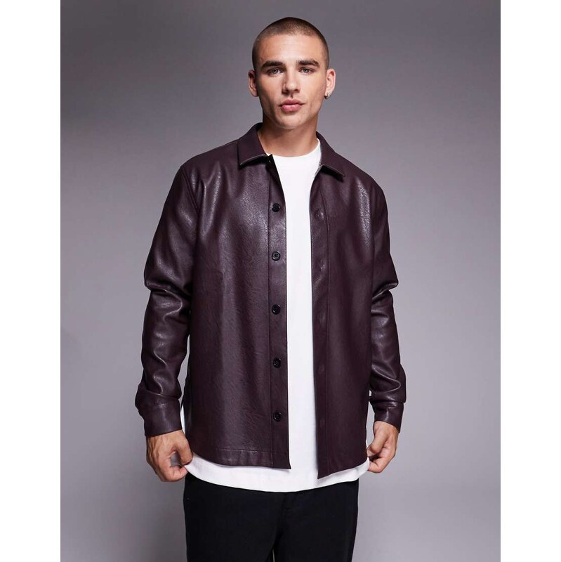 ASOS DESIGN faux leather overshirt in burgundy-Red