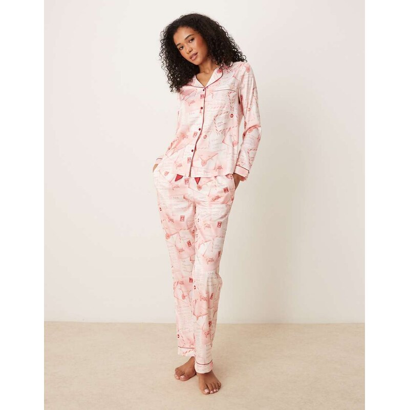 Chelsea Peers satin long sleeve revere pyjama set in letter to santa 108459427