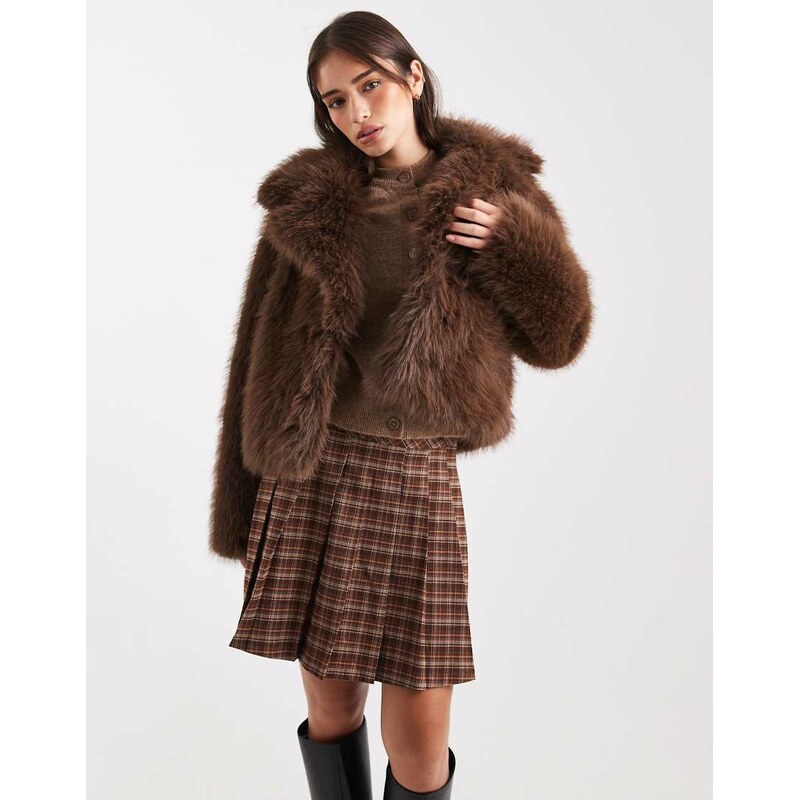 Miss Selfridge faux fur crop jacket in chocolate-Brown