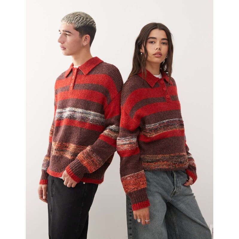 Reclaimed Vintage unisex knitted polo jumper in red and brown