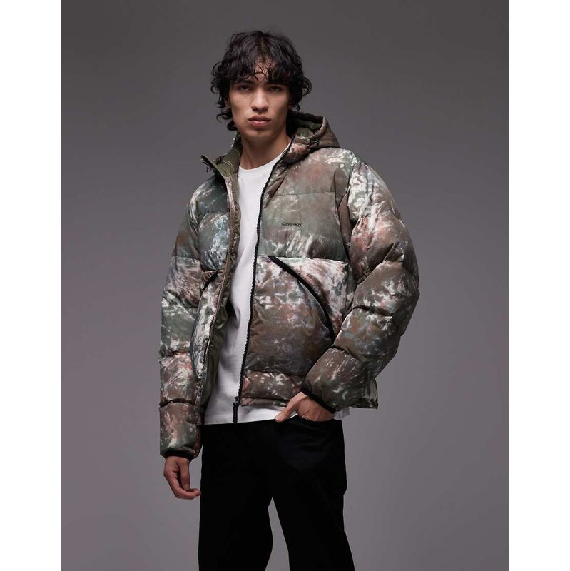 Gramicci down puffer jacket in green and brown tie dye-Multi