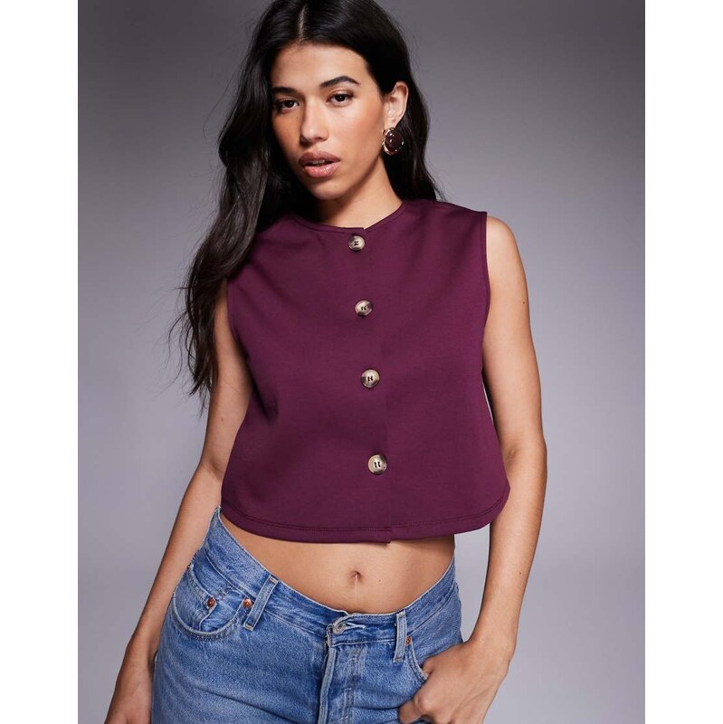 ASOS DESIGN wide shoulder boxy cropped waistcoat in plum-Red 115691646