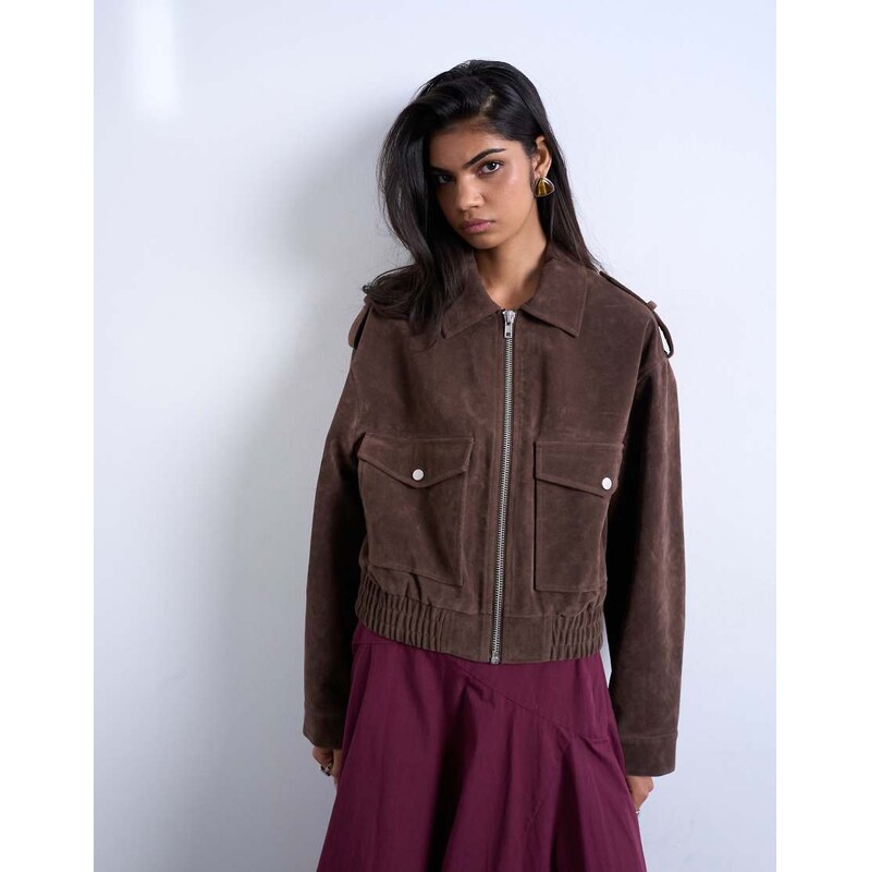 Topshop faux suede bomber jacket with popper details in