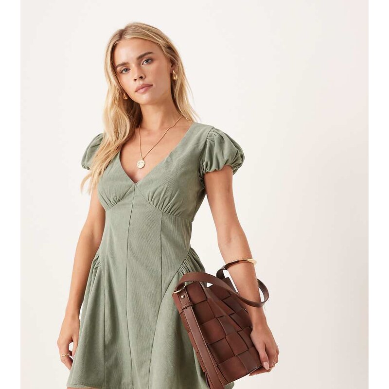 ASOS Petite ASOS DESIGN Petite cord corset waist mini dress with puff 115533703