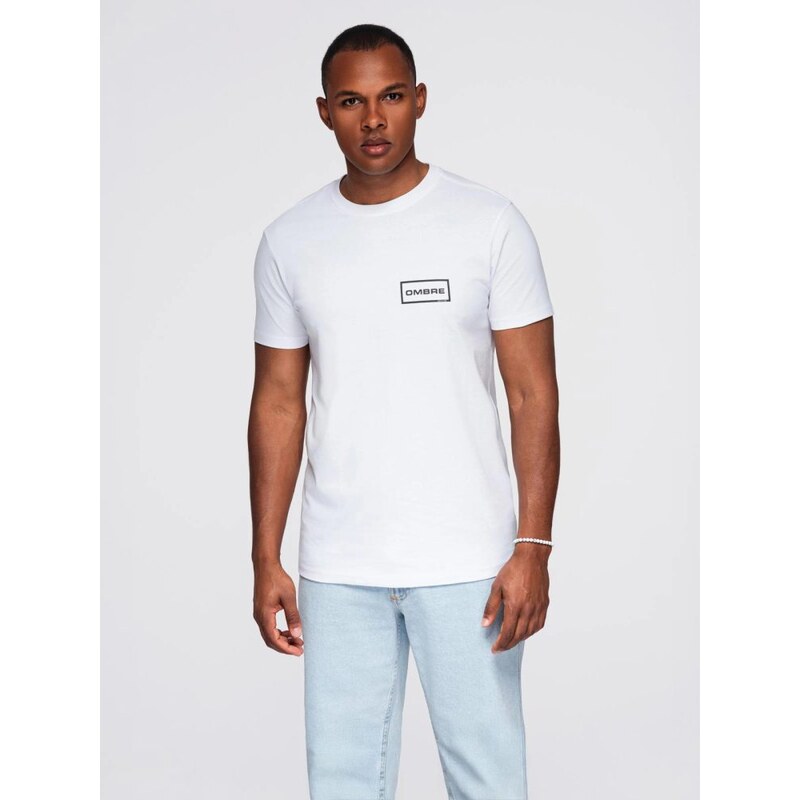 Ombre Clothing Moderní bílé pánské tričko s nápisem V1 TSPT-0231