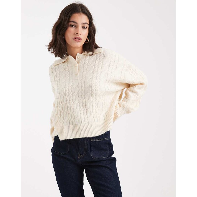 ASOS DESIGN knitted cable polo top in cream-White 108494688
