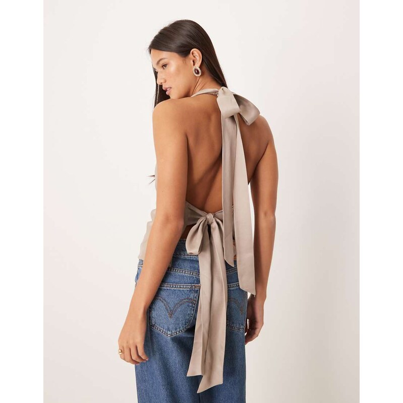 ASOS DESIGN satin cowl tie back top in mocha-Brown 115516432
