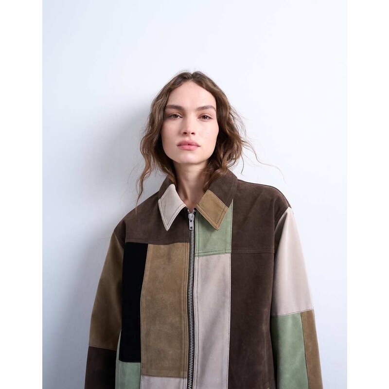 Topshop faux suede patchwork bomber jacket in multi
