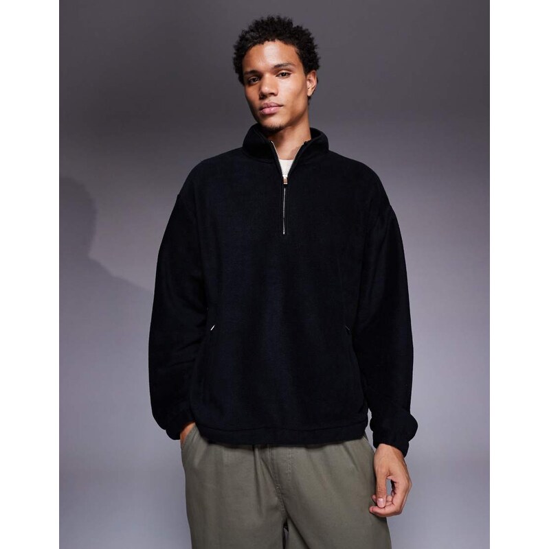 ASOS DESIGN boxy relaxed funnel neck quarter zip fleece sweatshirt in black