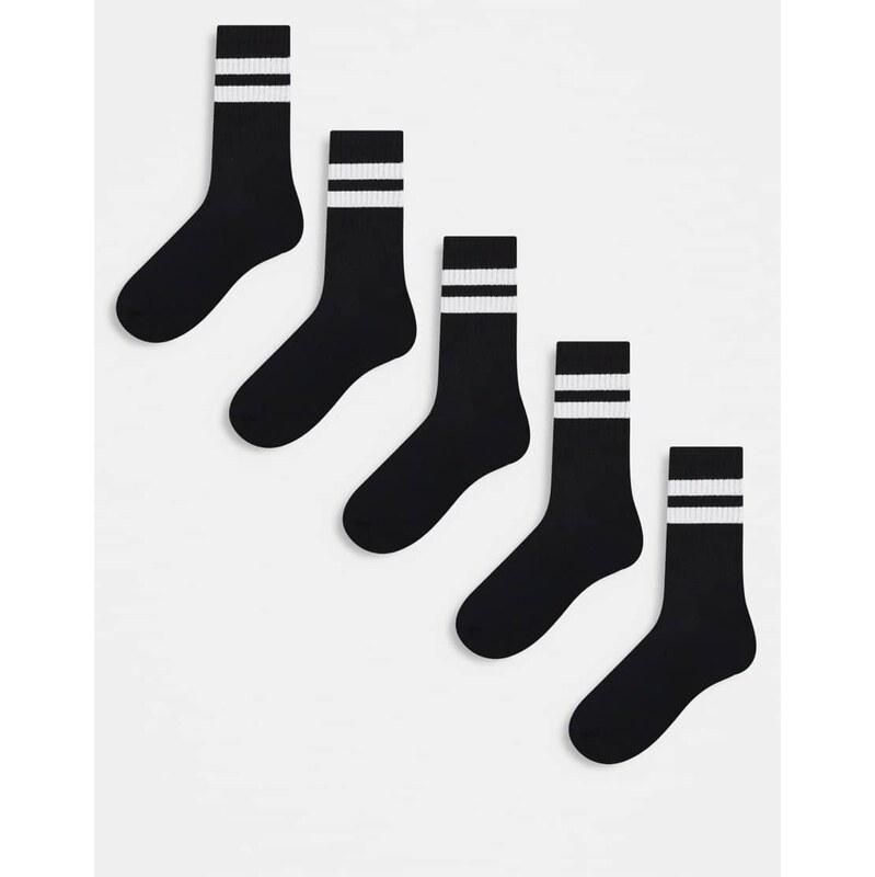 ASOS DESIGN 5 pack sports socks in black with white stripe