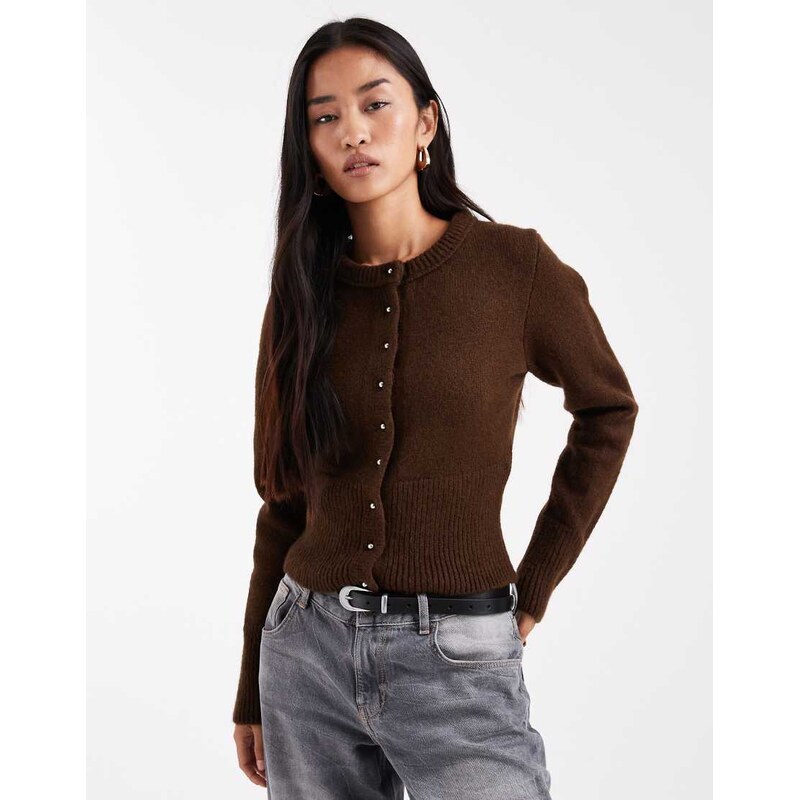 ASOS DESIGN fluffy neat fit knitted cardigan-Brown