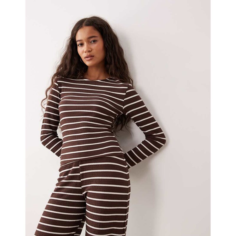 ASOS DESIGN rib long sleeve shrunken tee co-ord in choc stripe