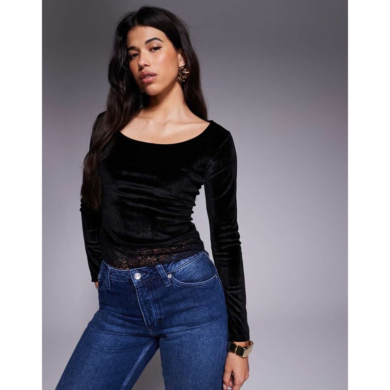 ASOS DESIGN velvet cord scoop neck top with lace trim hem detail