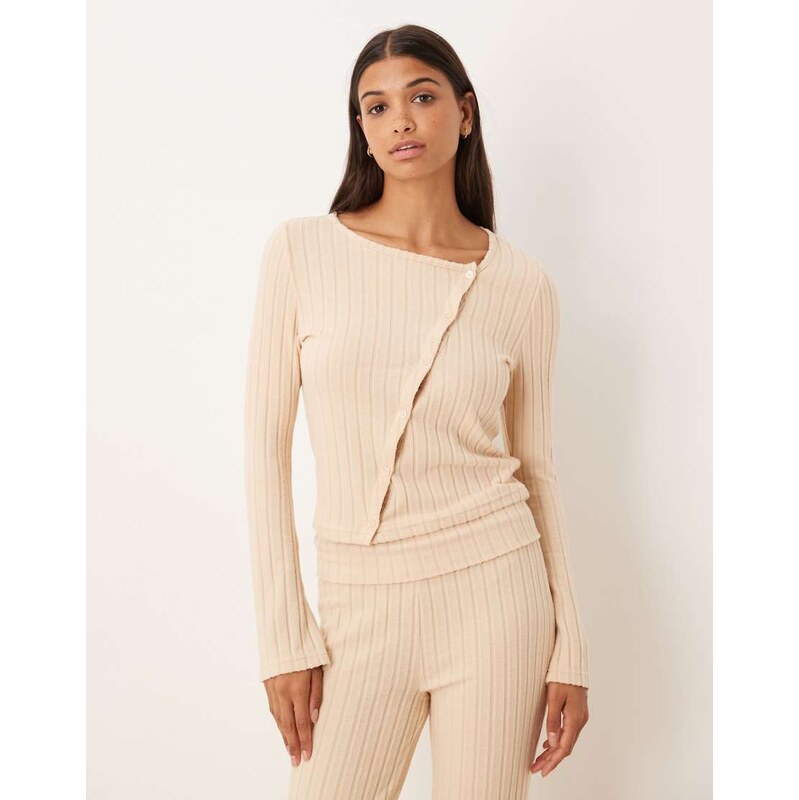ASOS DESIGN lounge wide rib asymmetrical cardigan in stone