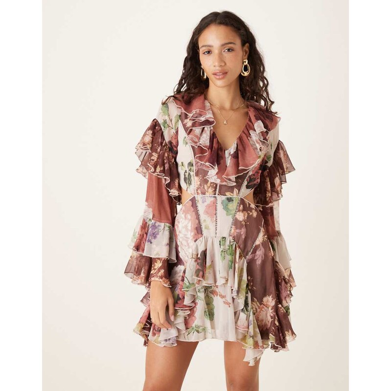 ASOS DESIGN ruffle godet flare sleeve cutout mini dress in mixed 108464696