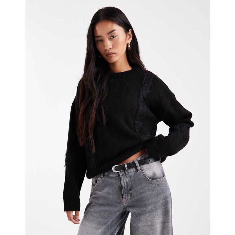 ASOS DESIGN knitted wide sleeve jumper with lace in black 108555795