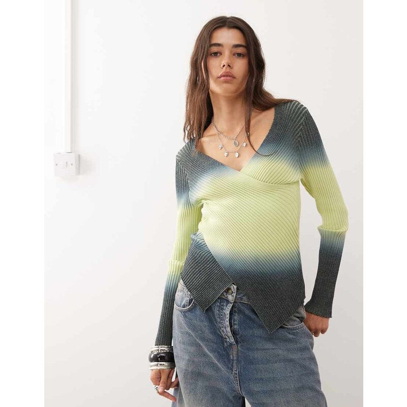 COLLUSION ombre knited long sleeve wrap top-Red