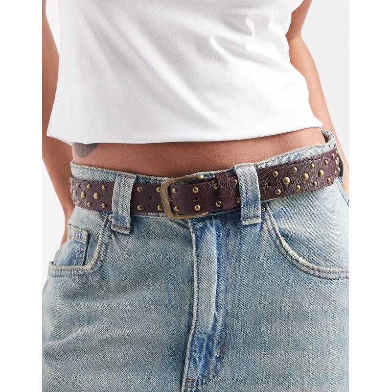 ASOS DESIGN waist and hip studded belt in burgundy-Red 109426920