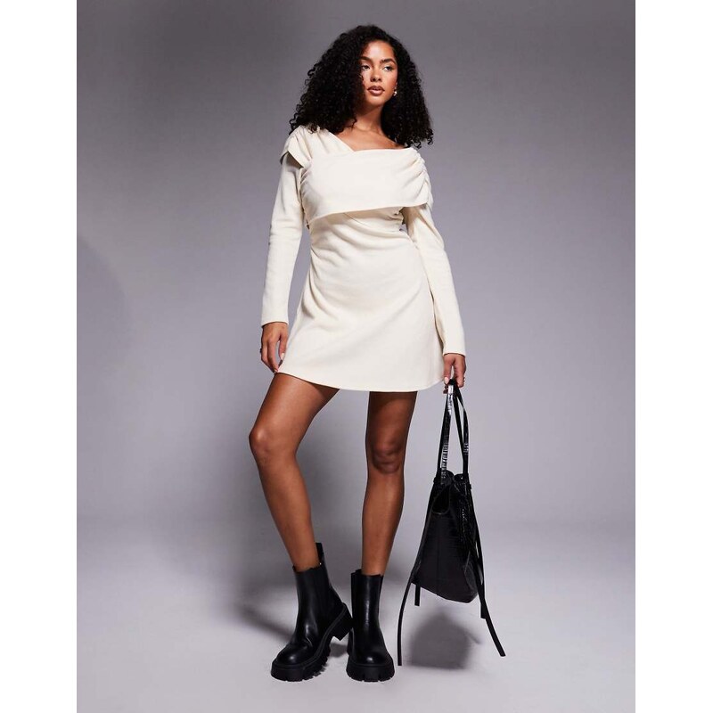 ASOS DESIGN supersoft wrap front mini dress in cream-Neutral