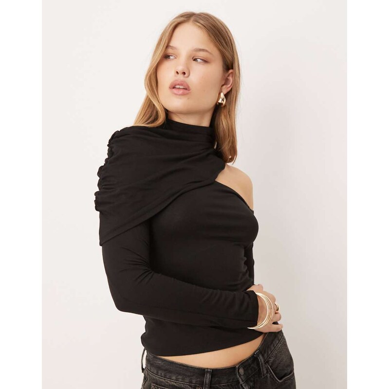 ASOS DESIGN cutaway high neck draped top in black